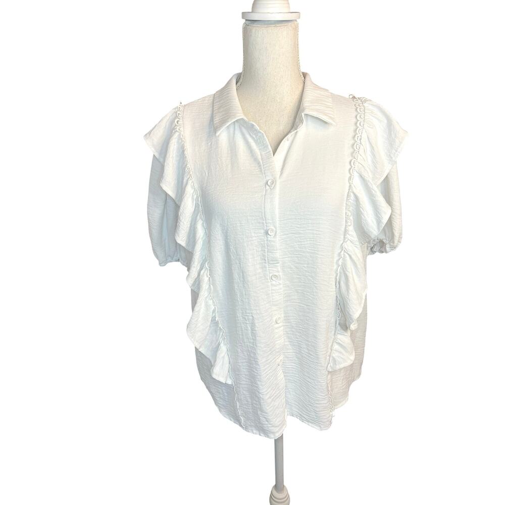 Alice blue white ruffle blouse minimalist button down casual scandi girl